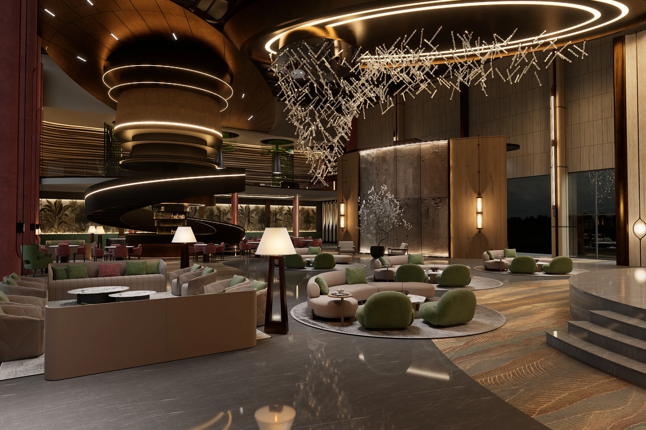A dramatic hospitality interior with warm lighting