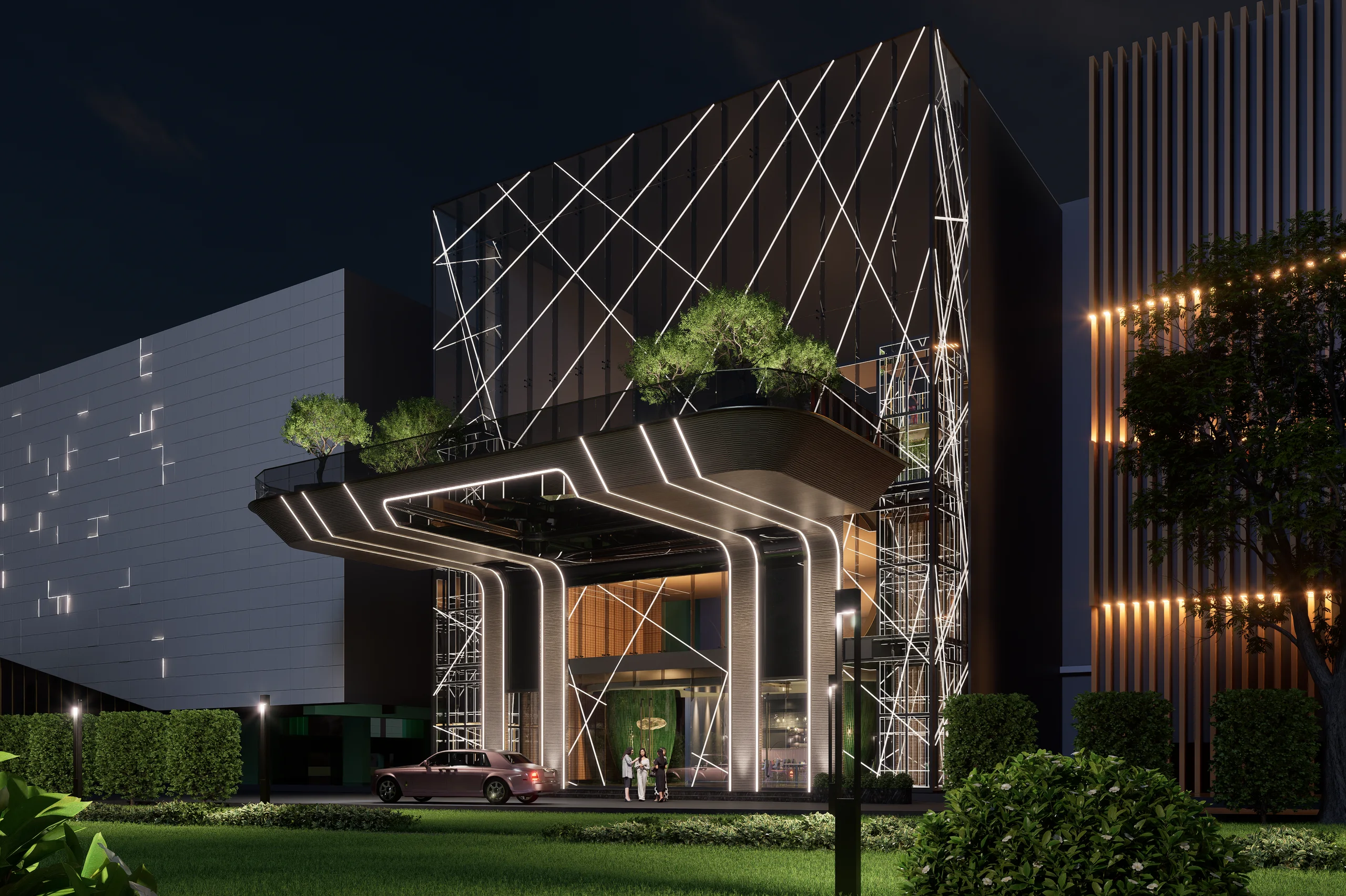 A contemporary club facade with landscaped entry